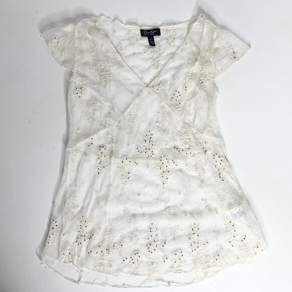 NWOT Jessica Simpson XS Cream Lace Beaded V Neck Sheer Blouse Sheer w/Camisole - Picture 6 of 11